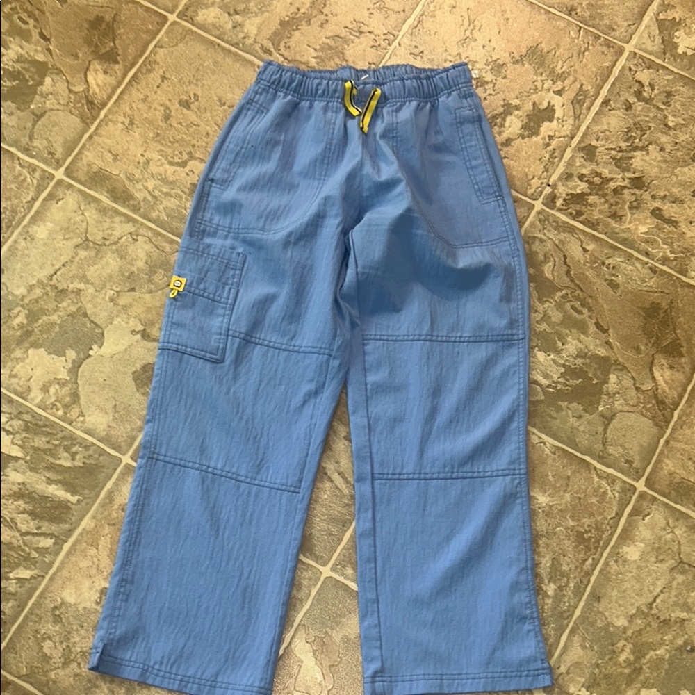 Blue Cargo Nursing Pants with Yellow Accents